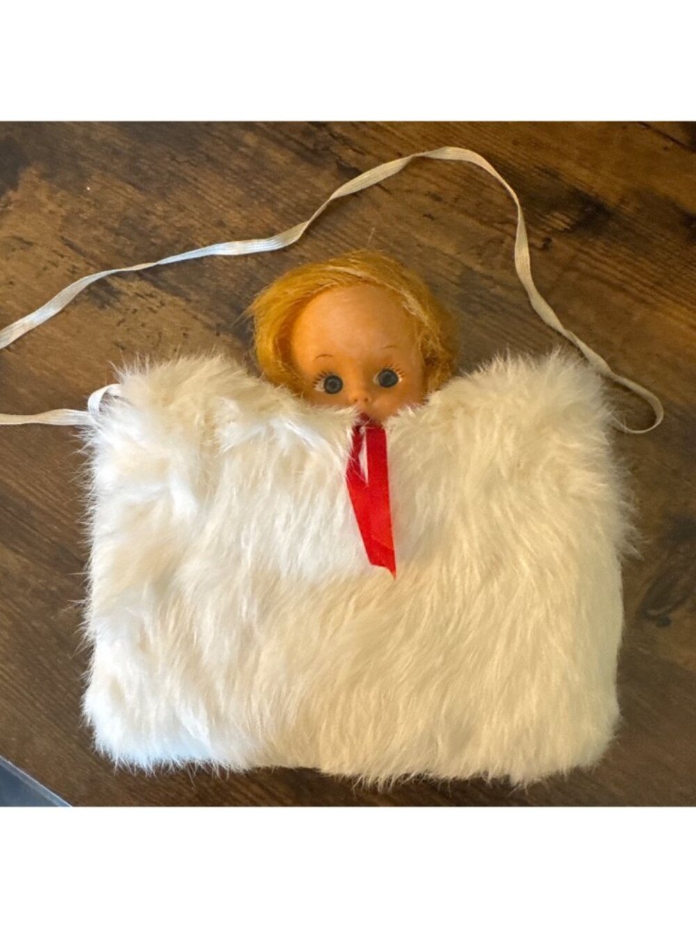 Vintage Girl's Rabbit Hand Warmer With Doll Face Satin Lining